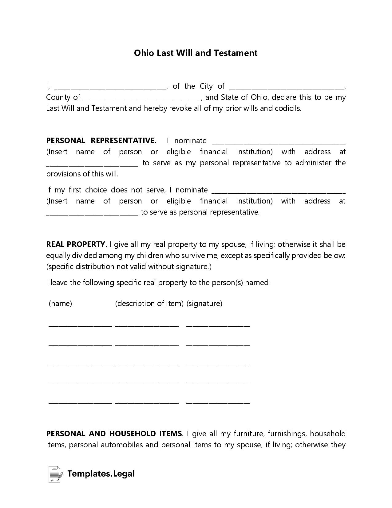 Ohio Last Will And Testament Templates Free Word PDF ODT 