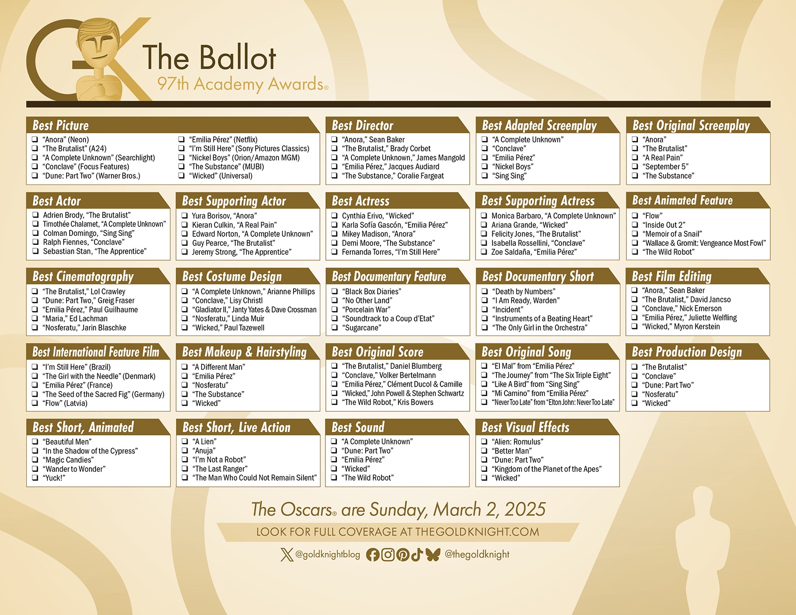 Oscars 2025 Download Our Printable Ballot The Gold Knight Latest Academy Awards News And Insight
