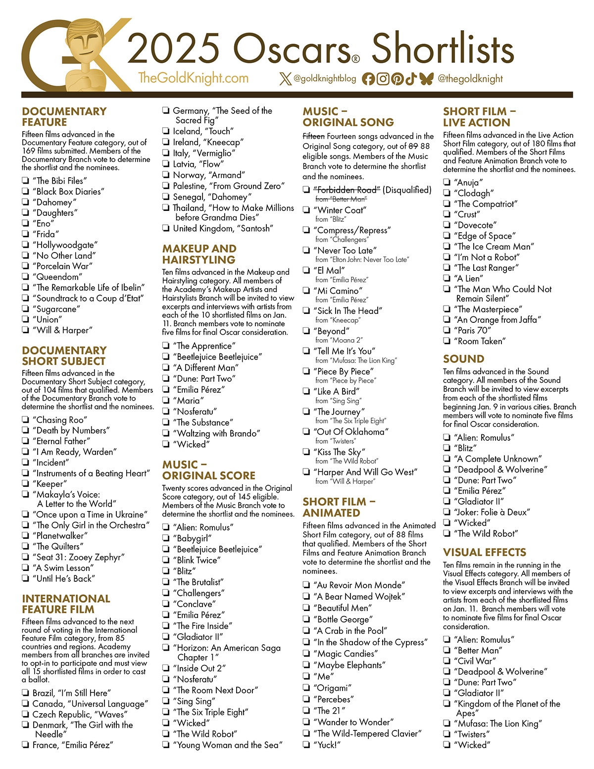 Oscars 2025 Printable Shortlists Available With Voting Set To Begin The Gold Knight Latest Academy Awards News And Insight