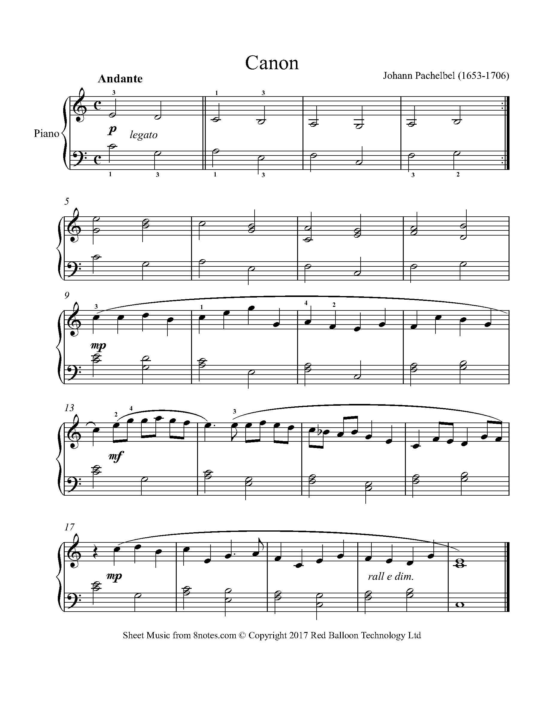 Pachelbel Johann Canon In D For Piano Free Sheet Music For Piano 8notes