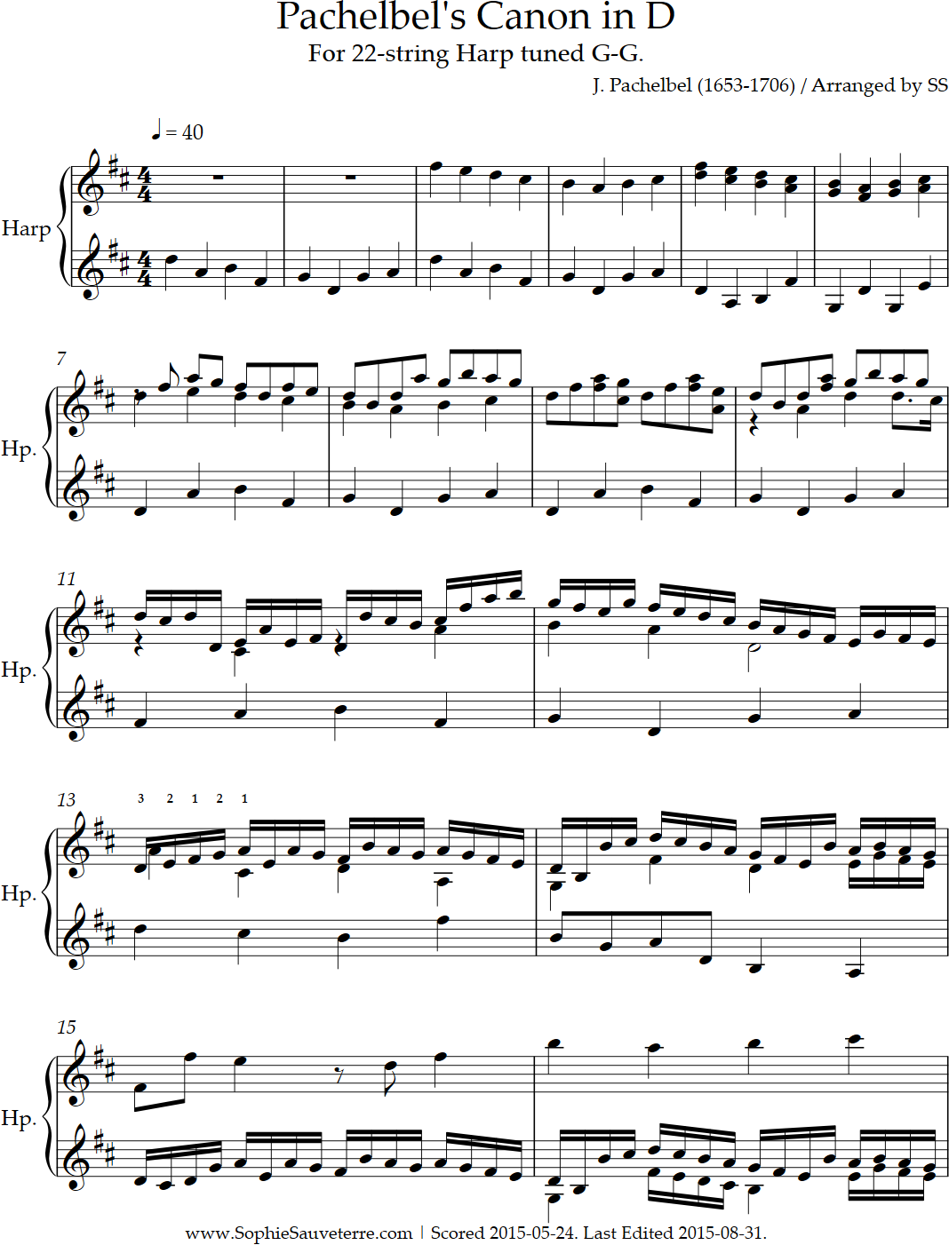 Pachelbel s Canon In D Arranged For 22 string Harp Tuned G G Sophie Sauveterre