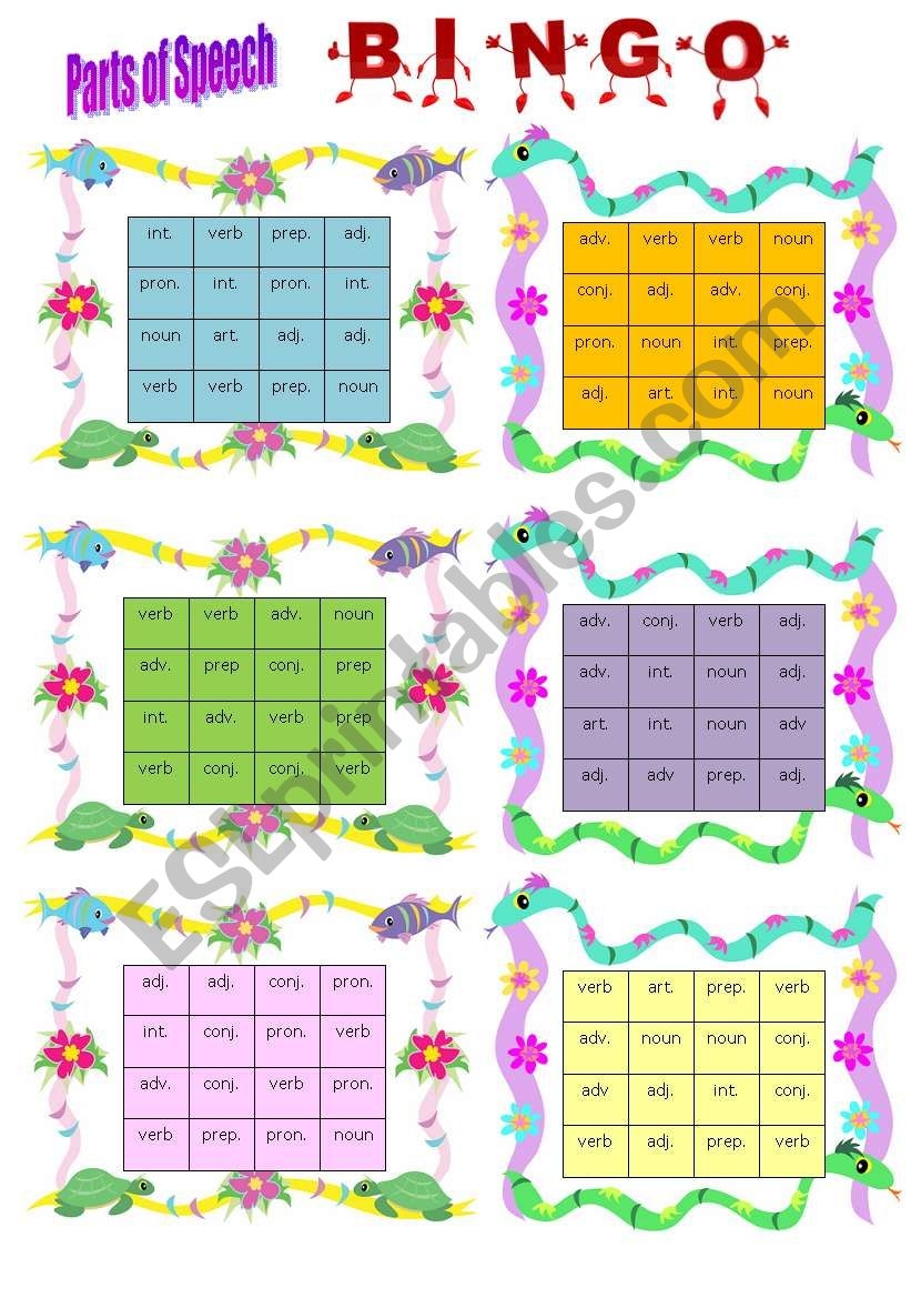Parts Of Speech Bingo ESL Worksheet By Wendyinhk