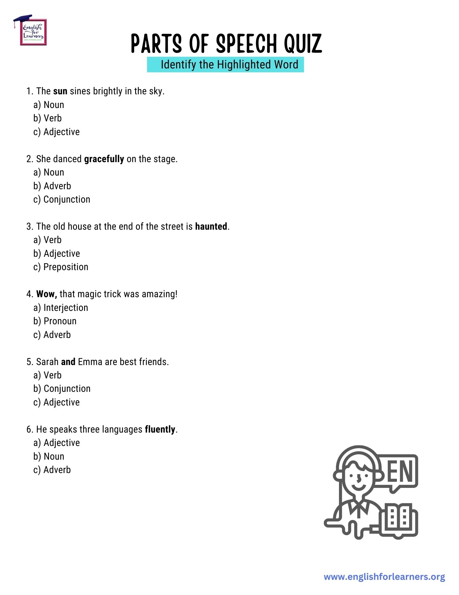 Parts Of Speech Test Printable