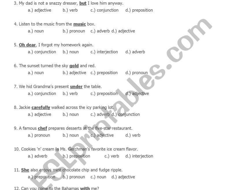 Parts Of Speech Test ESL Worksheet By Cindypjun