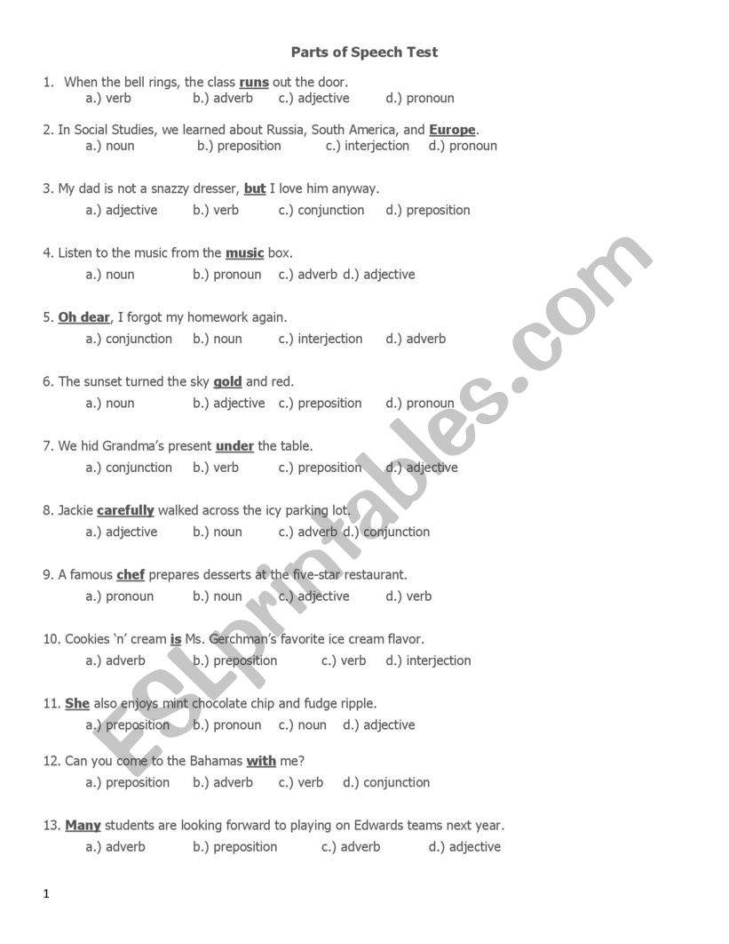Parts Of Speech Test ESL Worksheet By Cindypjun