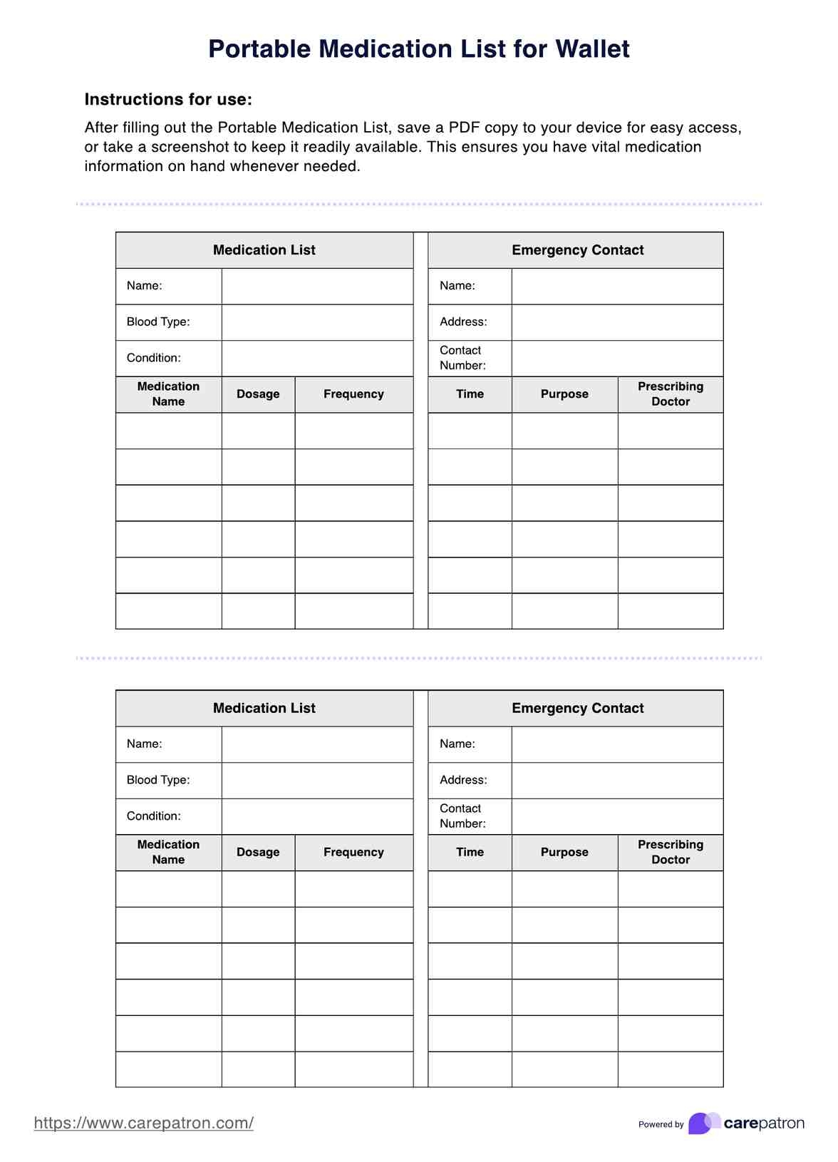 Portable Medication List Example Free PDF Download