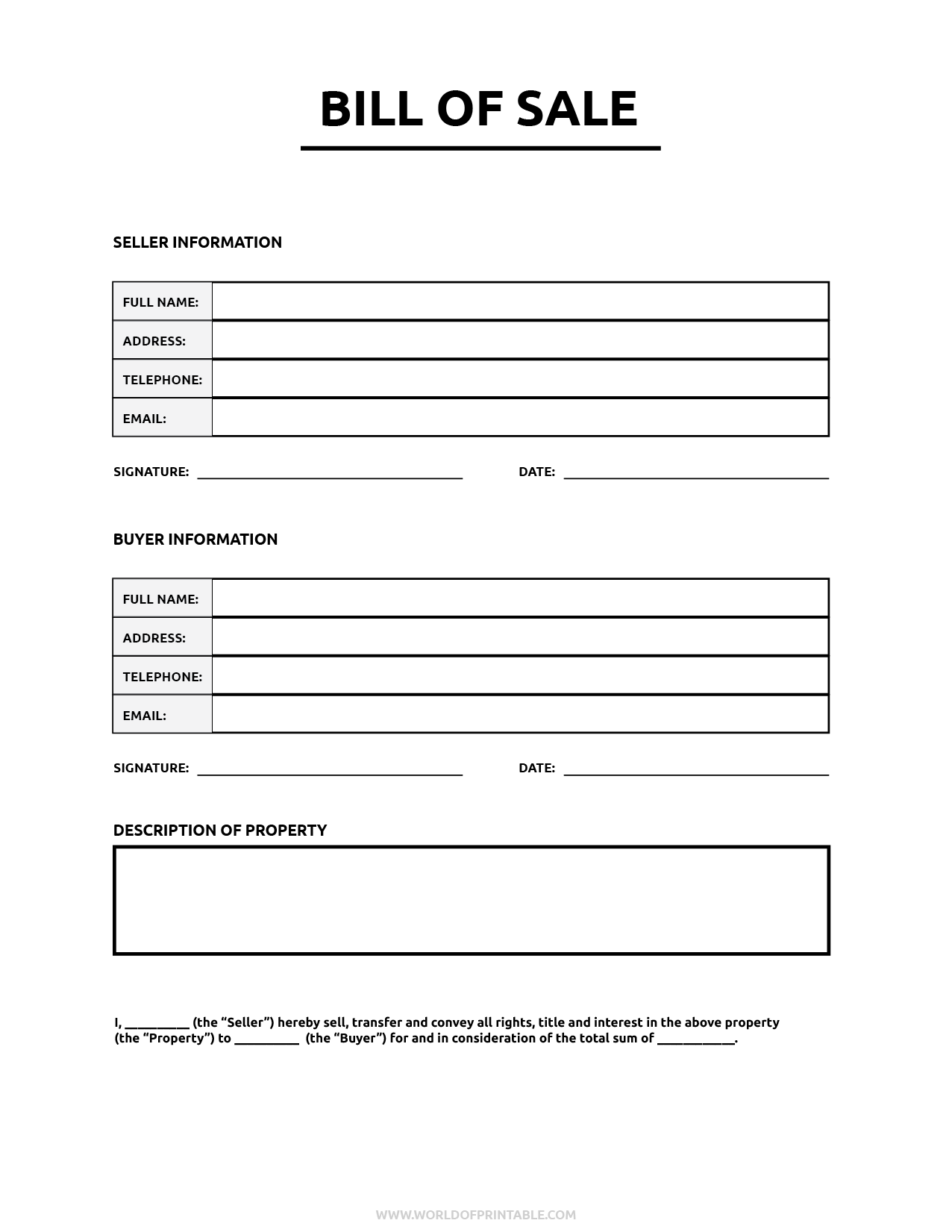 Free Printable Bill Of Sale For Car