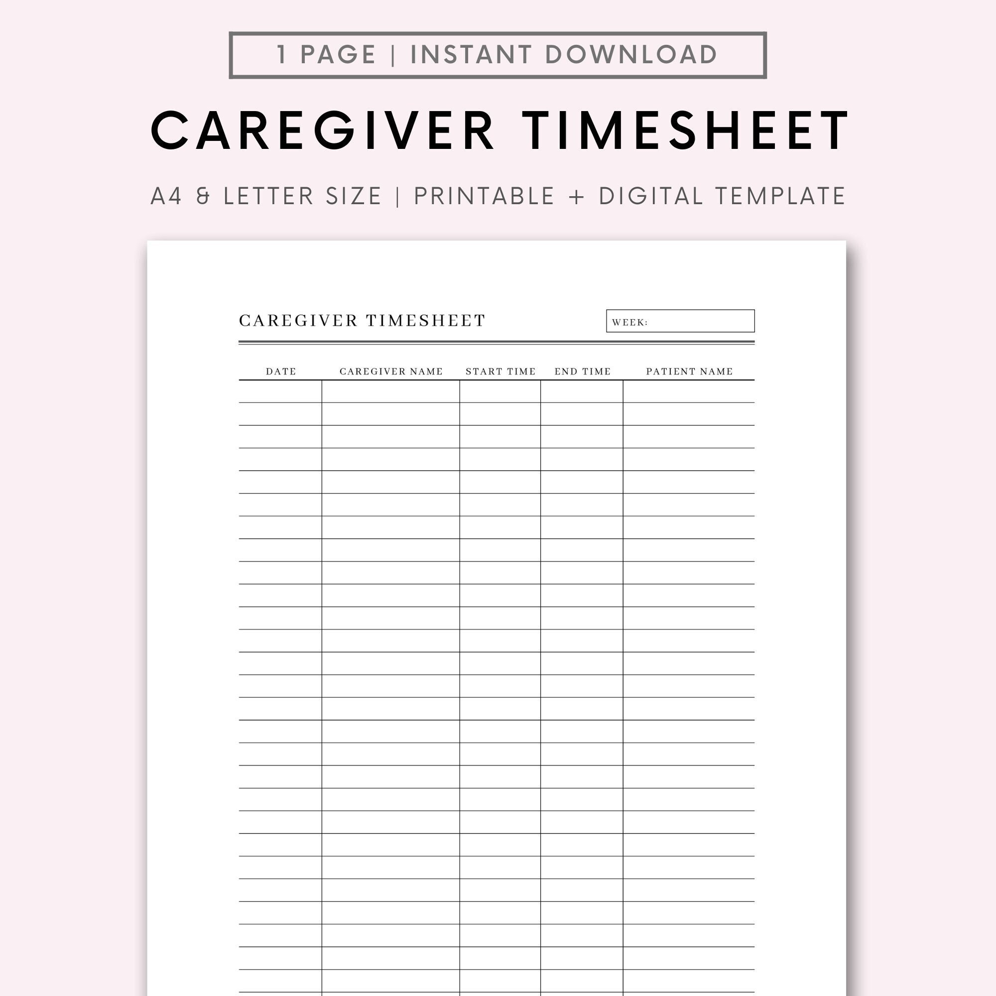 Printable Caregiver Timesheet Home Health Care Time Sheet Caregiver Schedule Caregiver Hours Home Care Shift Home Aid Visit Time Etsy
