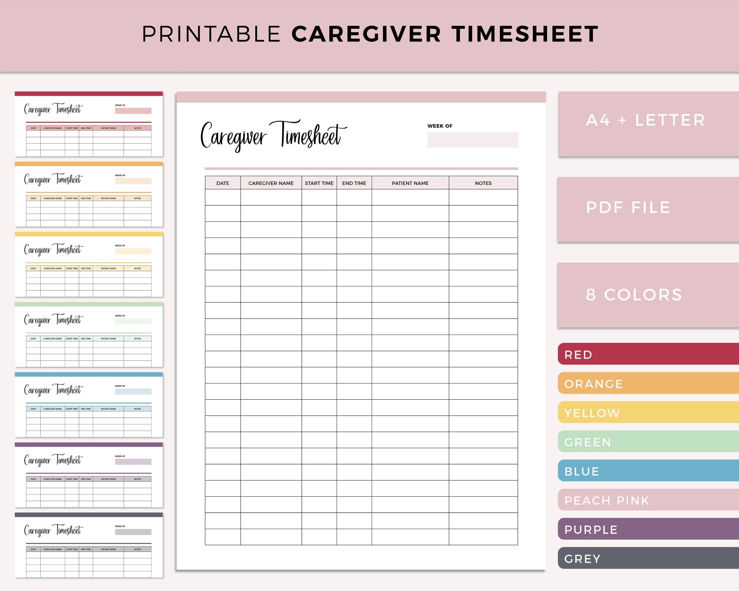 Printable Caregiver Timesheet Home Health Care Time Sheet Caregiver Schedule Caregiver Hours Home Care Shift Home Aid Visit Time Etsy
