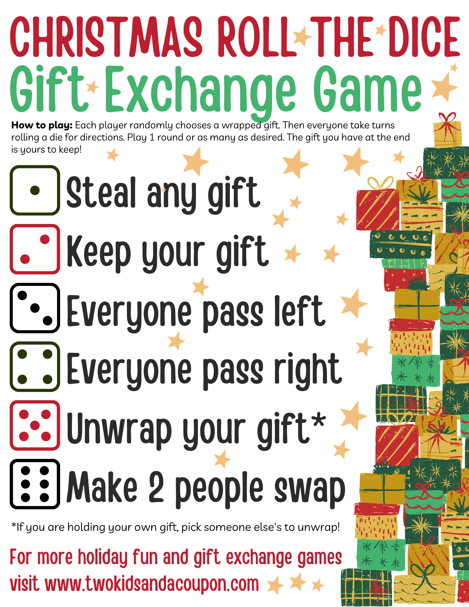 Printable Christmas Dice Game Two Kids And A Coupon