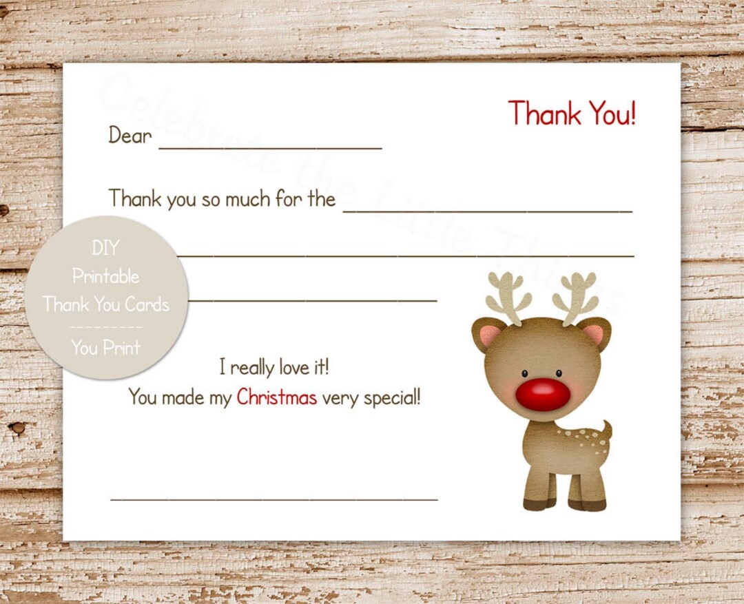 PRINTABLE Christmas Thank You Cards For Kids Rudolph Inspired Red Nosed Reindeer Fill In The Blank Thank You Instant Download Etsy