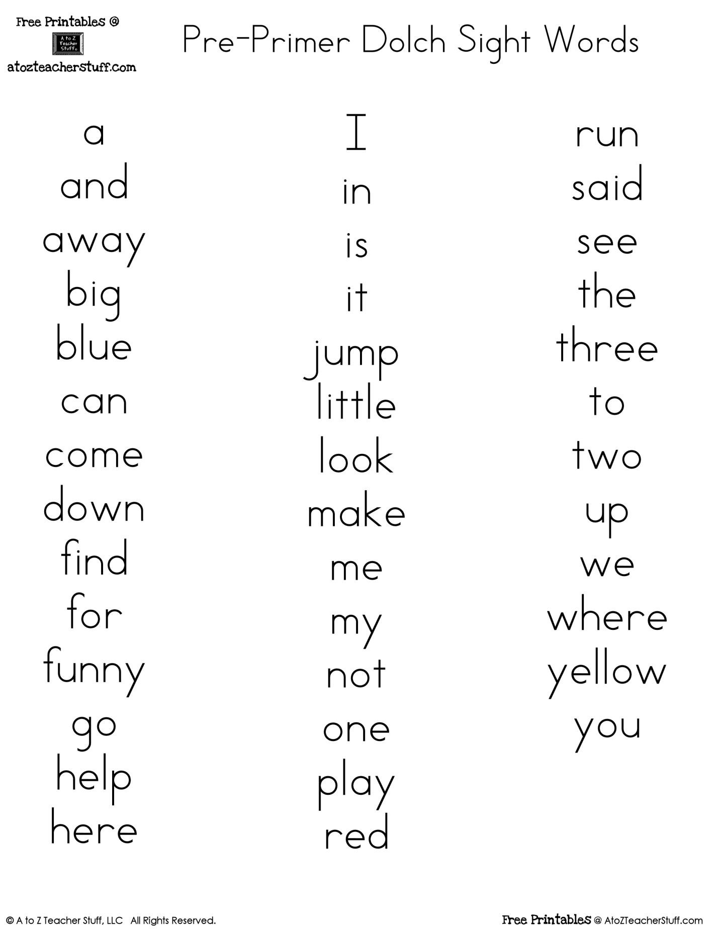 Printable Dolch Word Lists A To Z Teacher Stuff Printable Pages And Worksheets