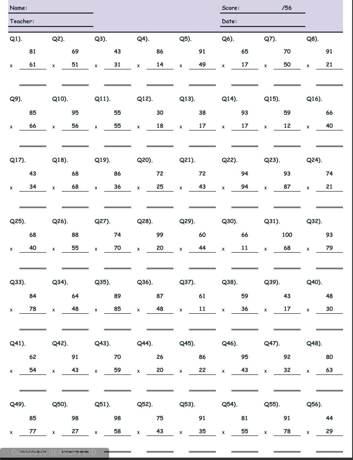Multiplication Timed Test Printable 0-12