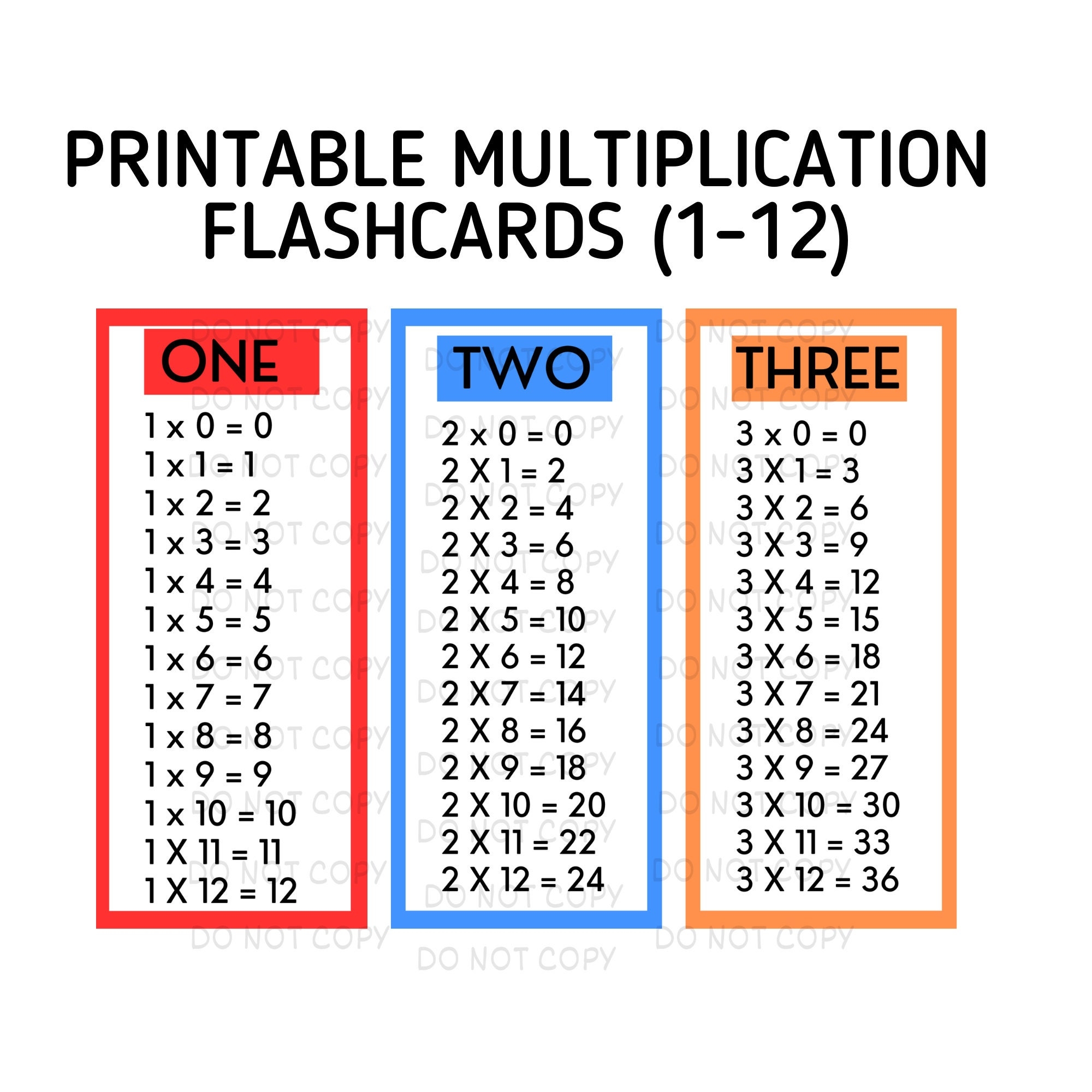 Multiplication Flash Cards Printable 0-12
