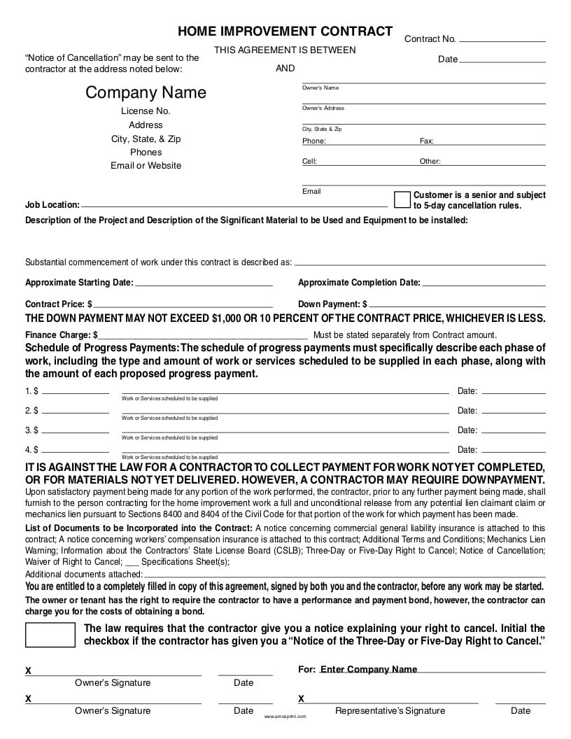 Free Printable Home Improvement Contracts