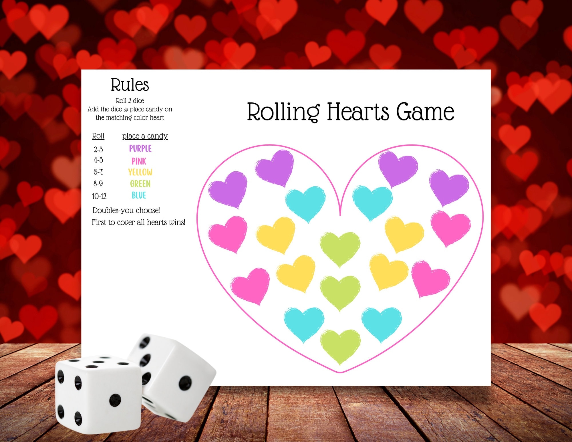 Rolling Hearts Game Valentines Day Game Printable Valentines Day Game Classroom Game Valentines Day Candy Heart Game Party Activity Etsy