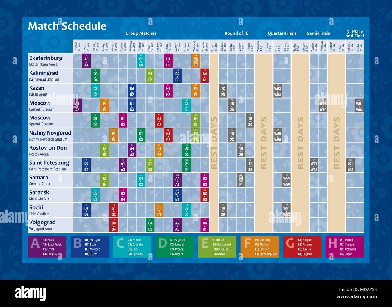 Russia 2018 World Cup Calendar Complete Chronogram With The Date Worksheets Library