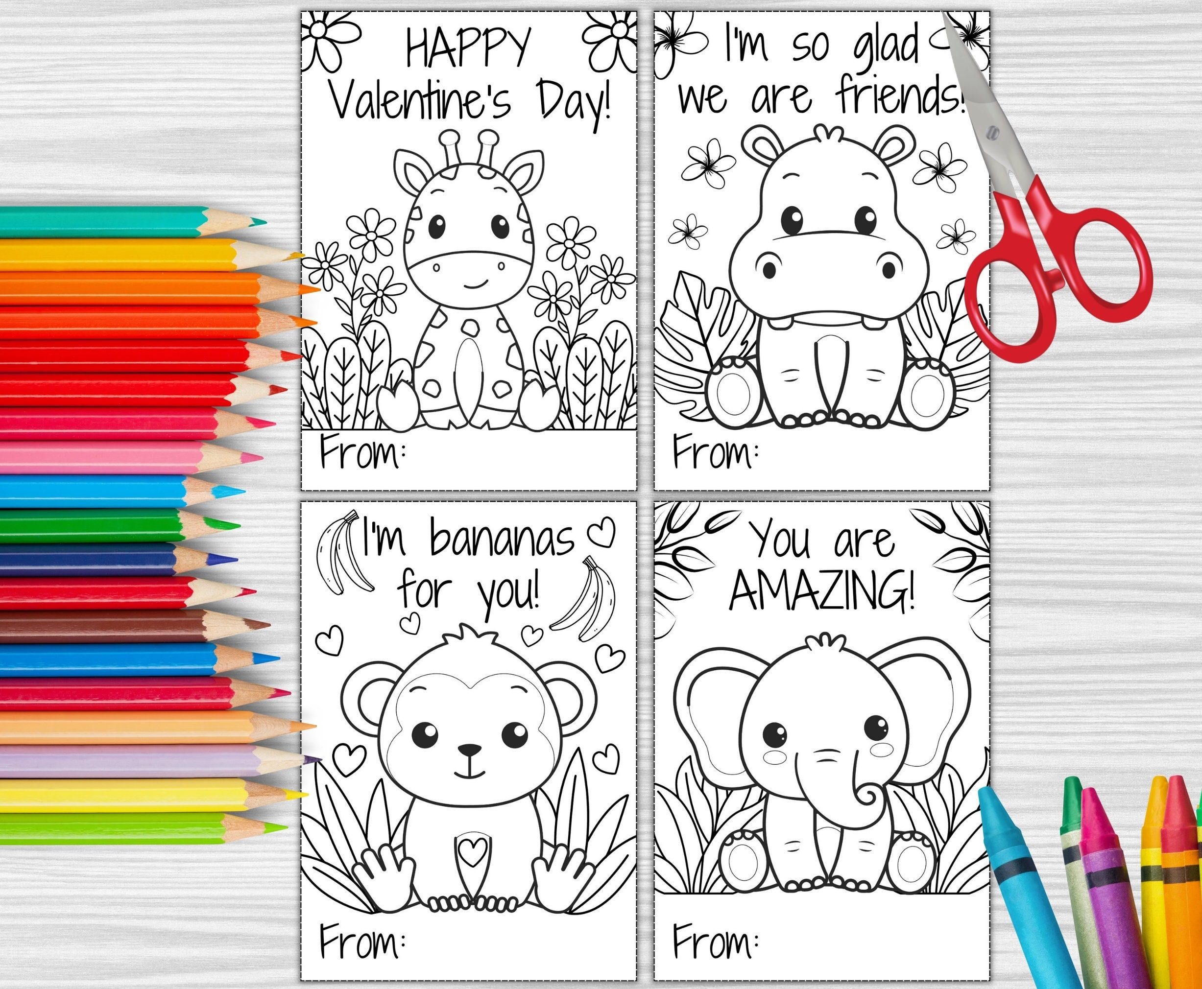 Safari Animal Coloring Valentine s Day Cards Printable Valentine s Day Cards Classroom Valentine s Day Cards Instant Download Kids Cards Etsy