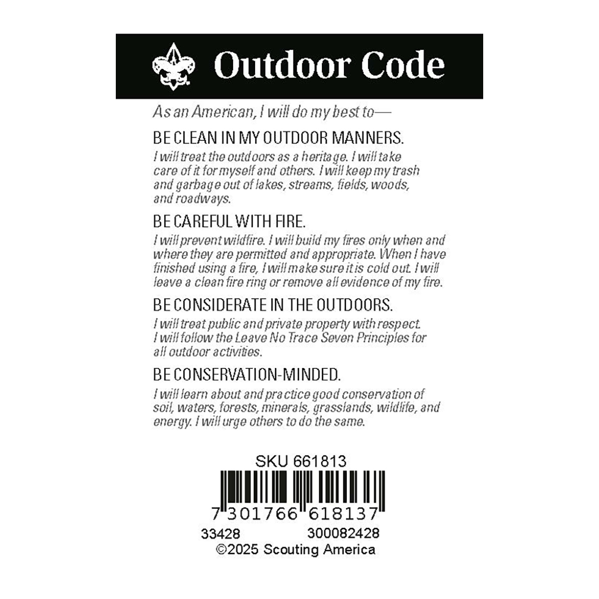 Scouting America Outdoor Code Pocket Certificate Scouting America