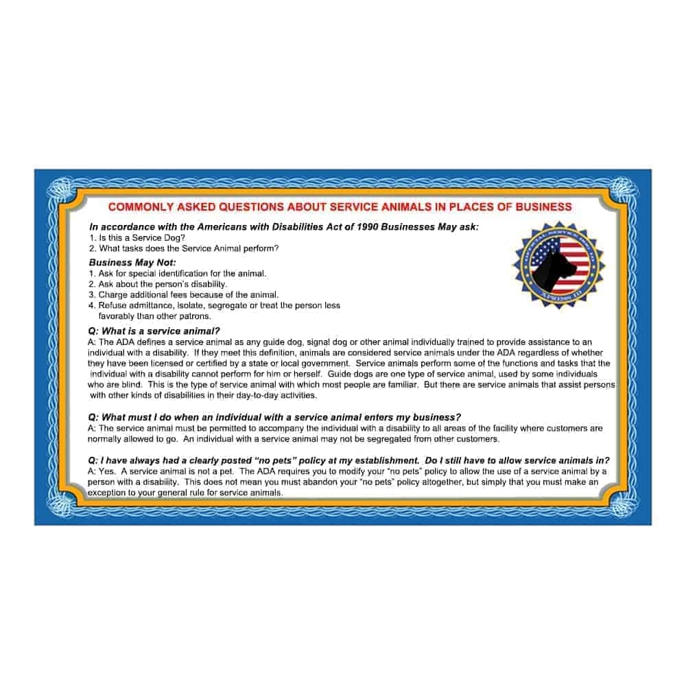 Service Dog Info Cards 50 ADA Service Animal Badge