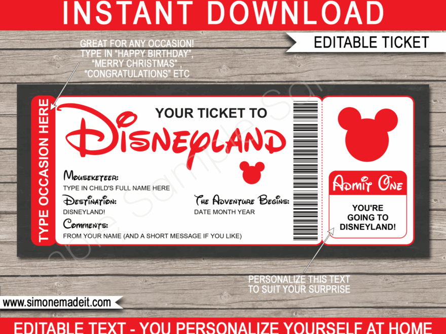 Surprise Trip To Disneyland Ticket Template Printable Disney Trip Reveal Gift