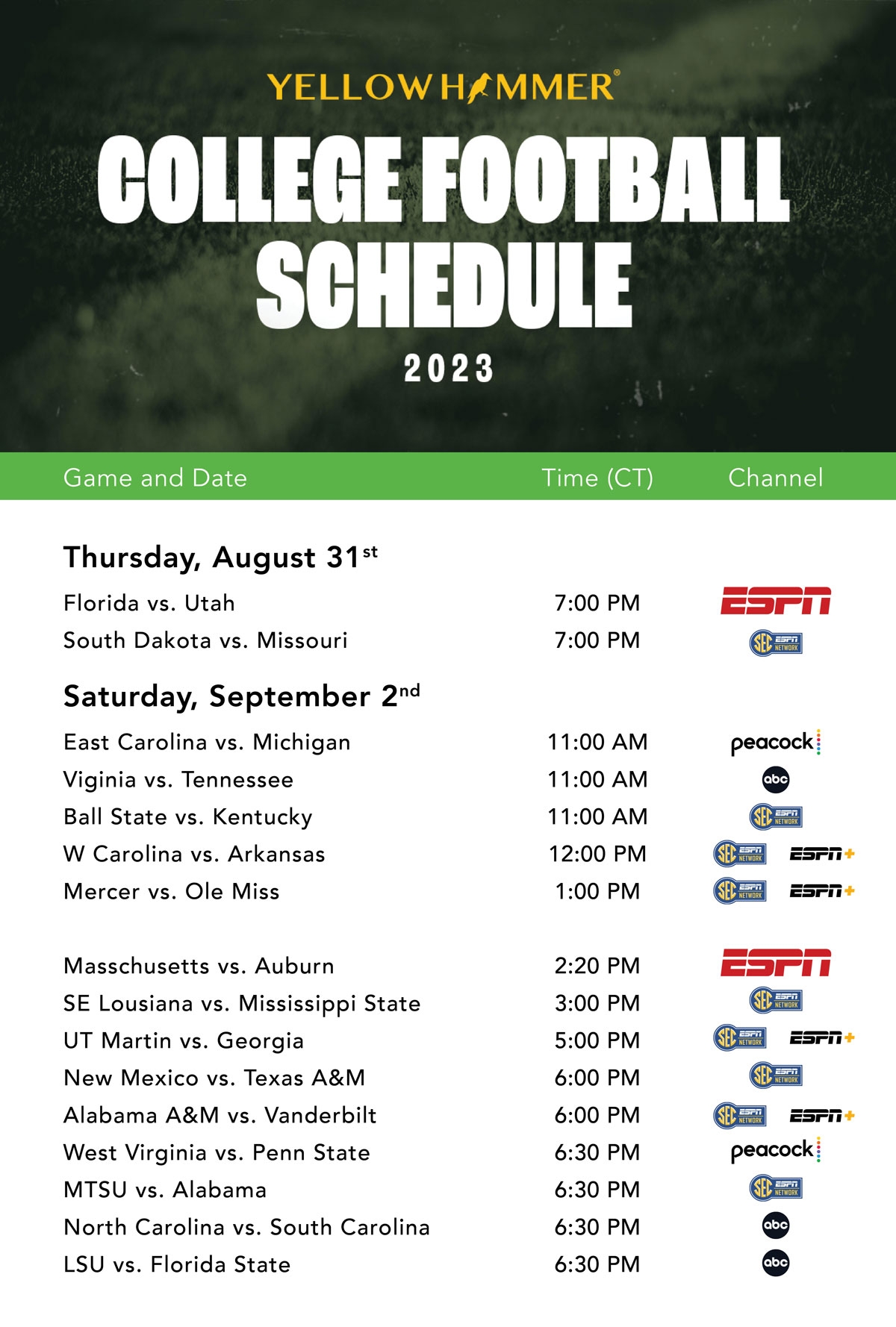 This Weekend s College Football TV Schedule Yellowhammer News