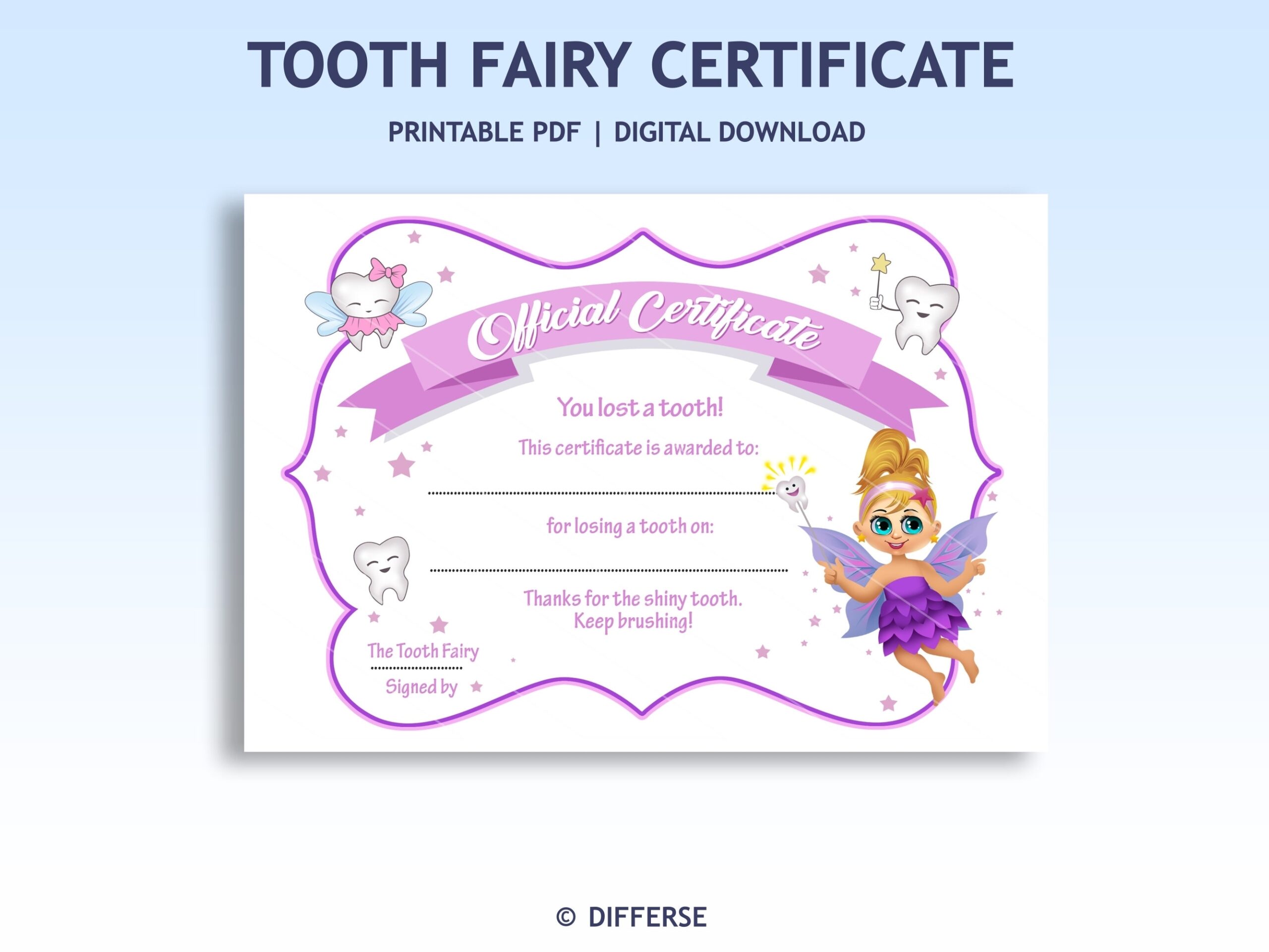 Tooth Fairy Certificate For Little Girls Lost Tooth Printable Tooth Fairy Gift Fairy PDF Direct Download Fairy Template Etsy