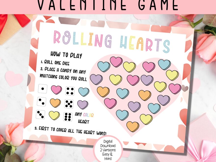 Valentine s Day Candy Game Printable Rolling Hearts Valentine Games For Kids Valentine Day Game Valentines Candy Game Kids Valentine Etsy