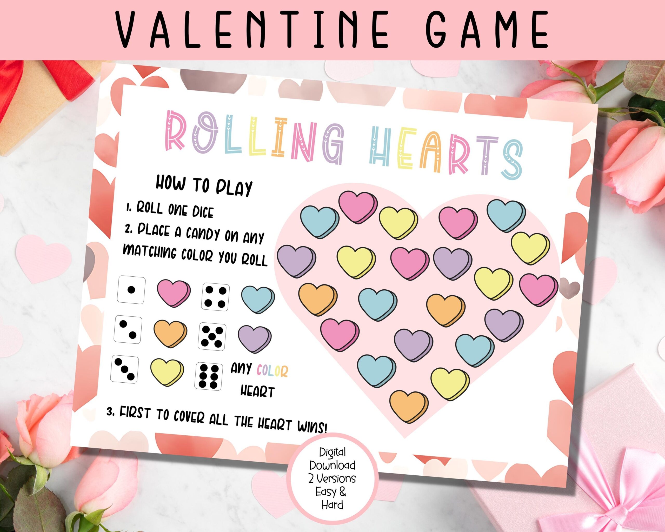 Valentine s Day Candy Game Printable Rolling Hearts Valentine Games For Kids Valentine Day Game Valentines Candy Game Kids Valentine Etsy