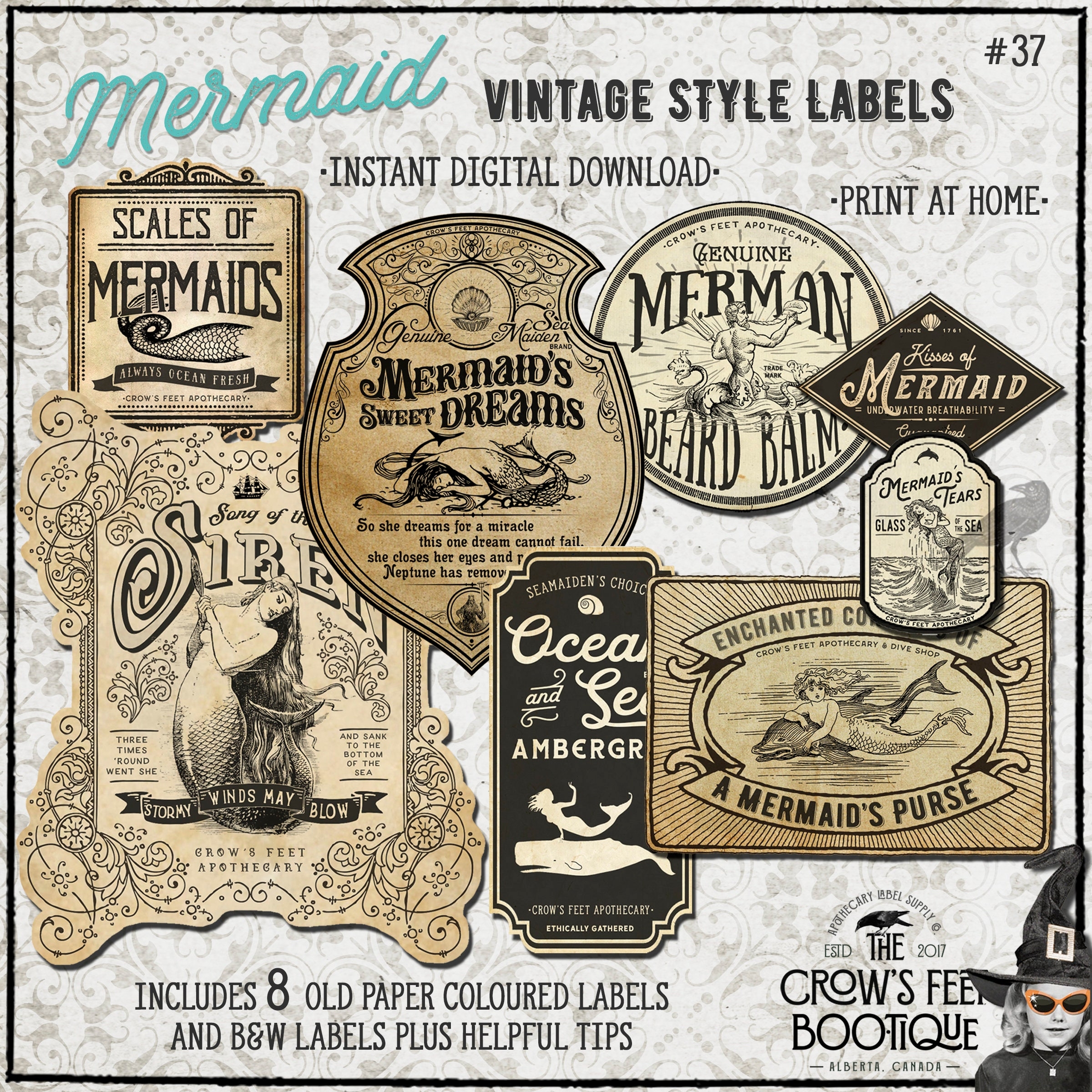 Vintage Look Mermaid Potion Labels 37 Halloween Apothecary Labels For Jars Printable Etsy