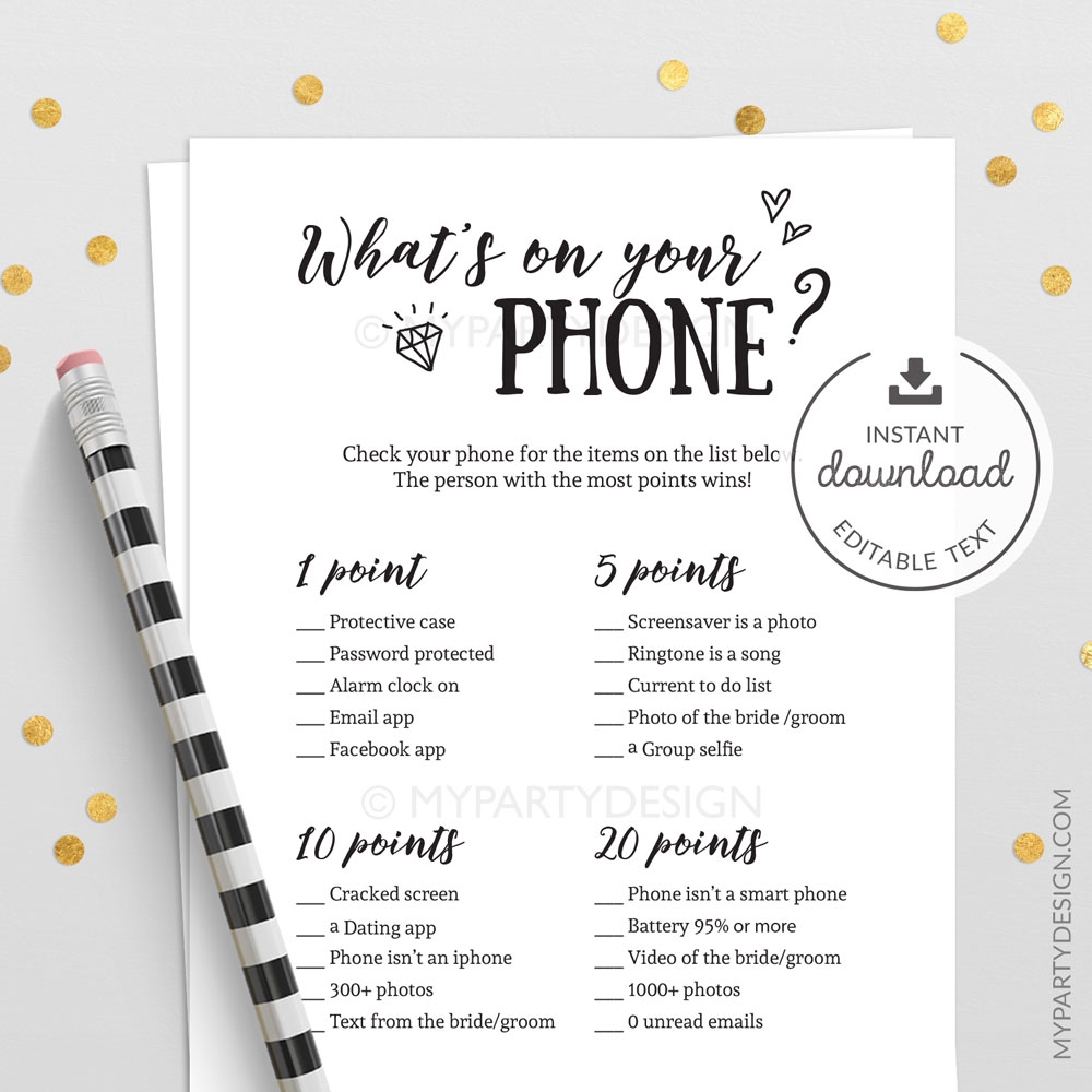What s On Your Phone Game Printable Card My Party Design