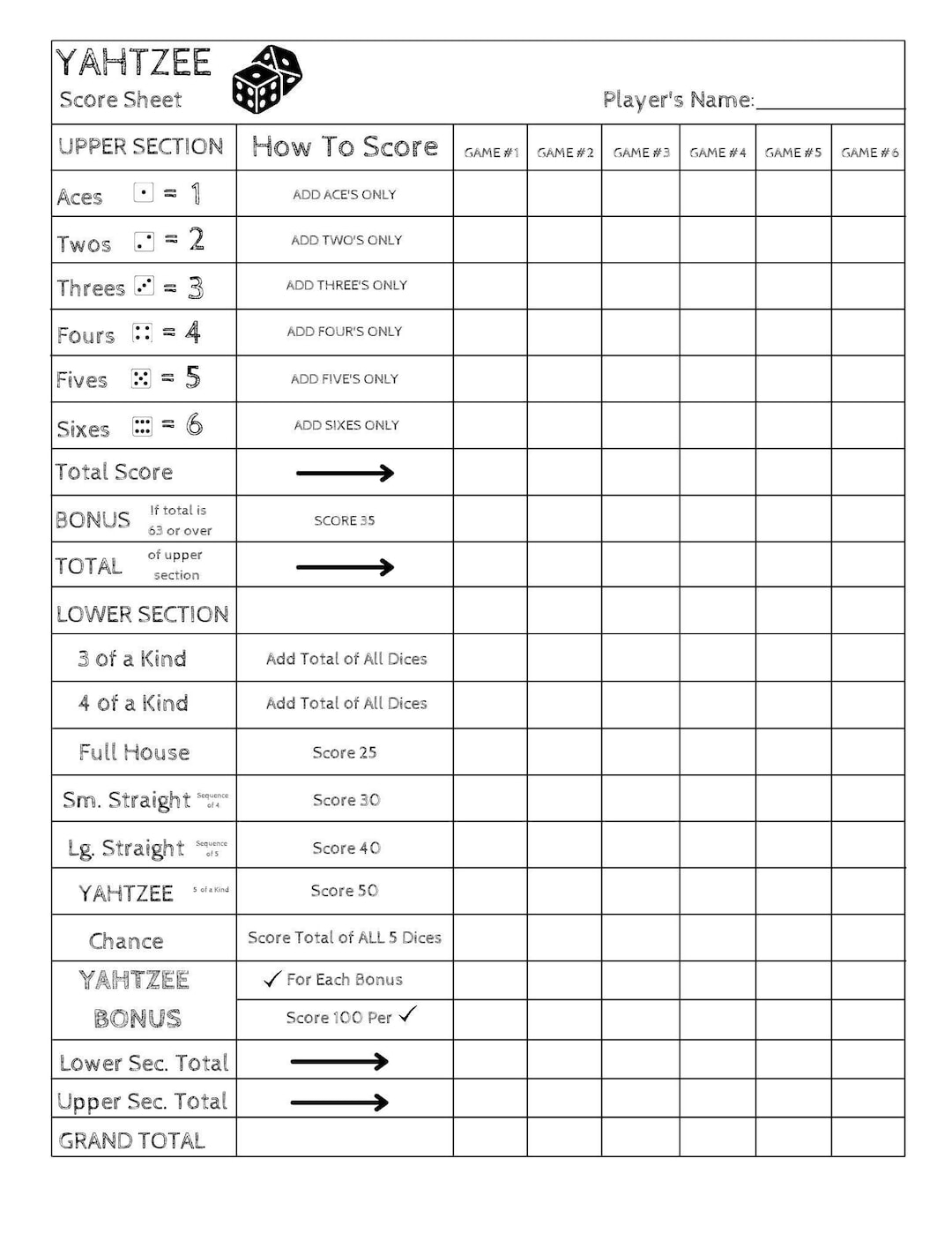 Printable Yahtzee Score Sheets 2 Per Page