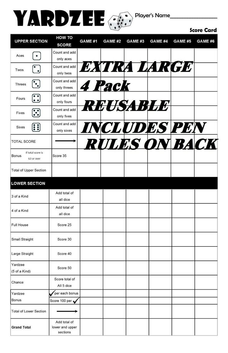 Yardzee Extra Large Scorecard Score Sheet